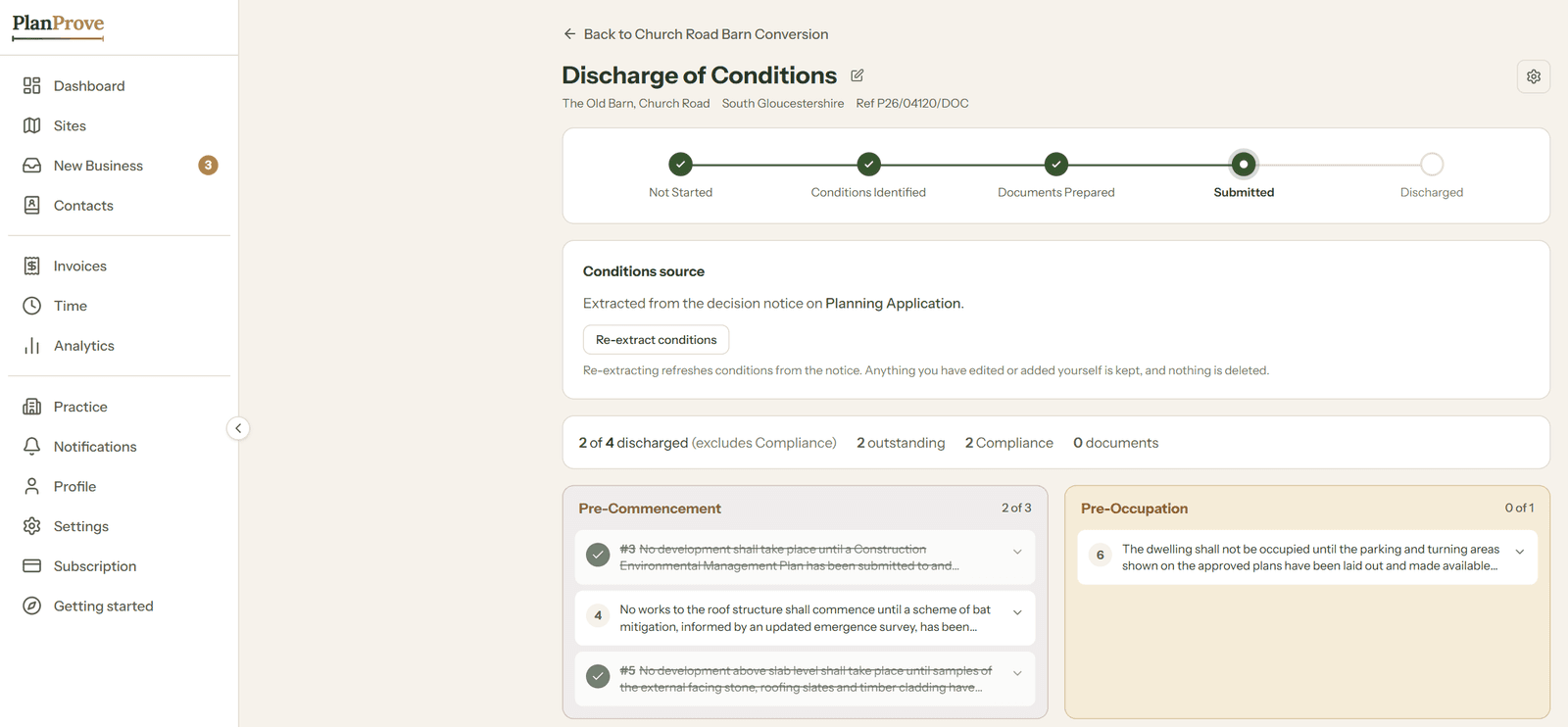 A discharge of conditions stage in PlanProve: conditions extracted from the decision notice, grouped as pre-commencement and pre-occupation, and tracked to discharge