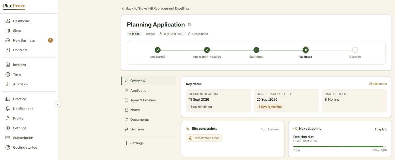 A validated planning application in PlanProve, with its decision deadline, consultation closing date, case officer, site constraints and next deadline