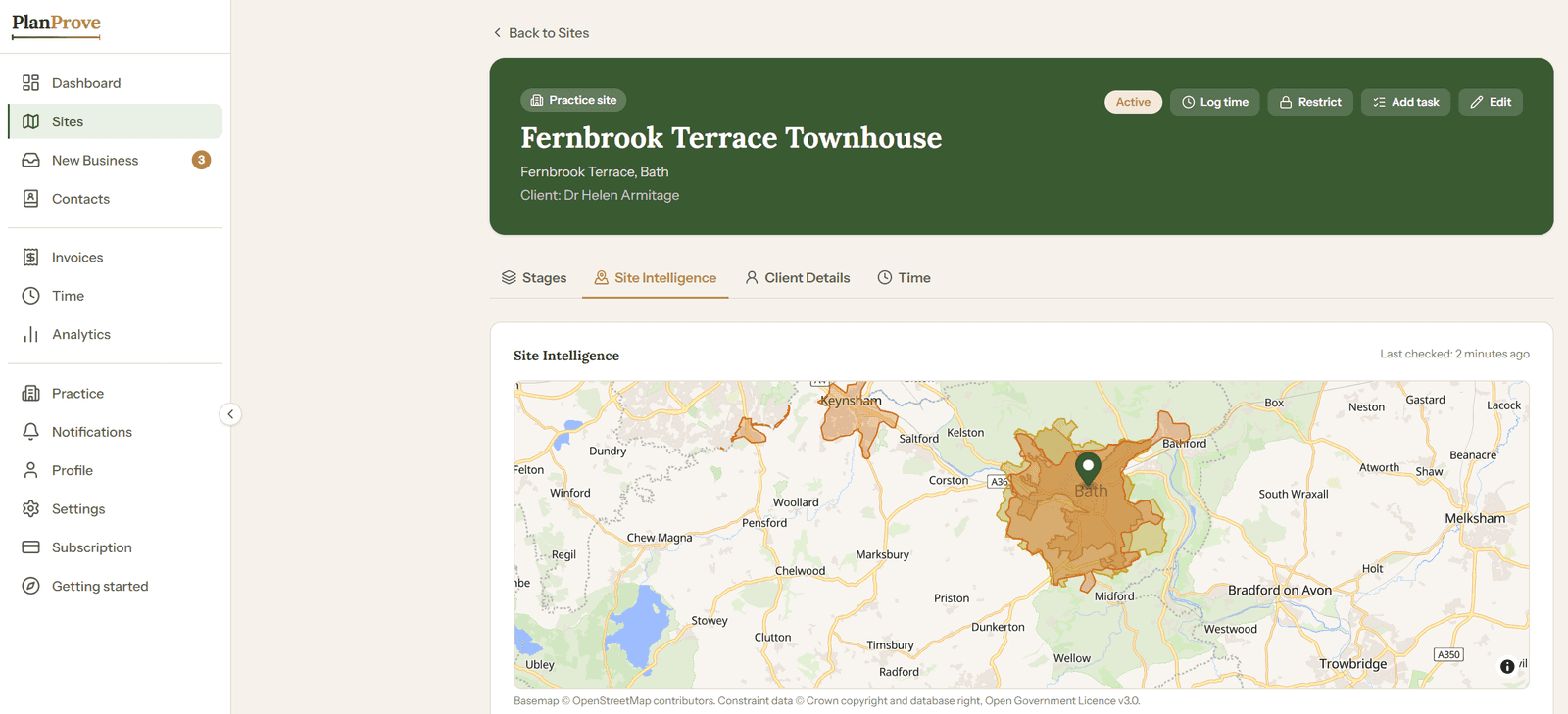 PlanProve Site Intelligence for a site in Bath, with the conservation area and other designations mapped from official data